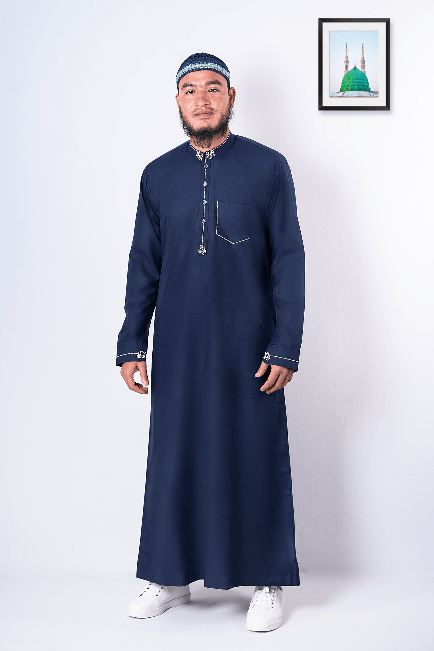 Navy blue embroidered thobe | Thobe for men - Sunaan