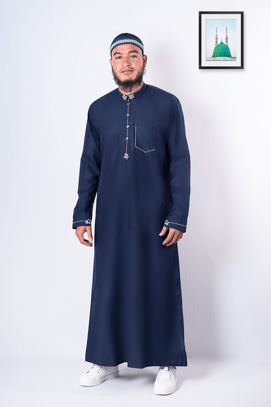 Navy blue embroidered thobe | Thobe for men - Sunaan