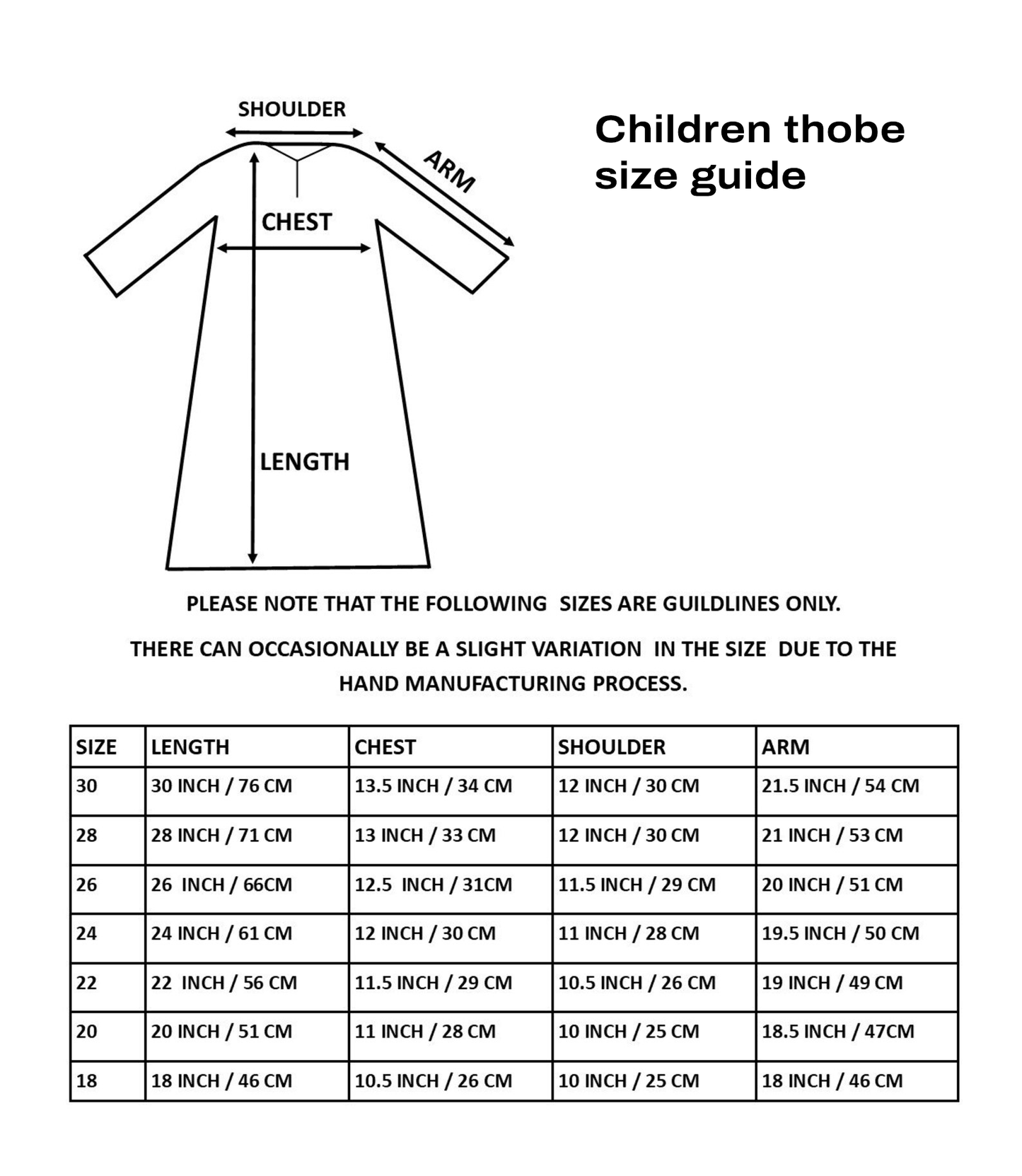Kids embroidered thobe, Navy blue thobe | Size guide