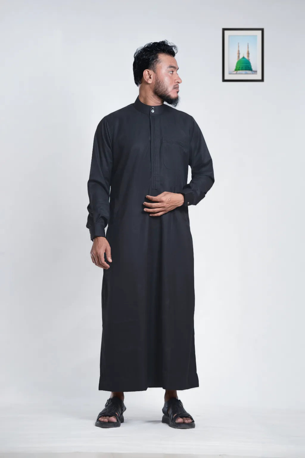Men’s Black Thobe – Designer Winter Thobe with Elegant Pocket & Placket Details