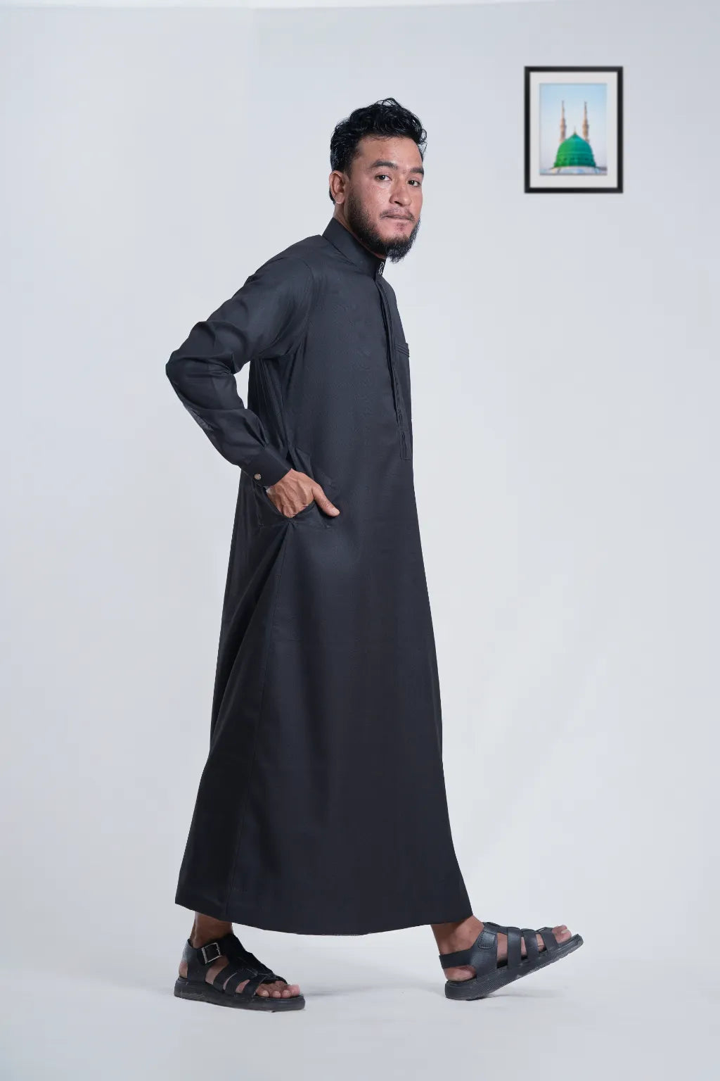 Men’s Black Thobe – Designer Winter Thobe with Elegant Pocket & Placket Details