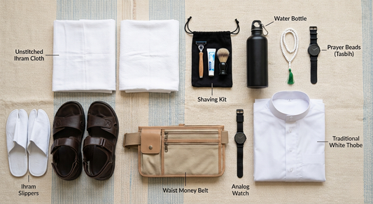 Flat-lay of what to pack for Umrah: ihram cloth, white thobe, sandals, tasbih, money belt and travel essentials
