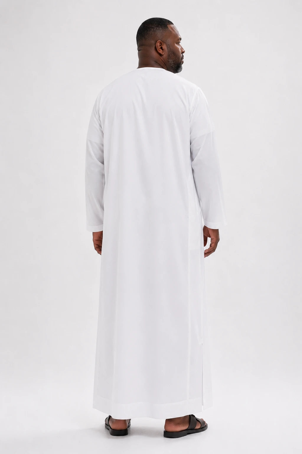 White Japanese Toray thobe, back view — full-length tailored cut