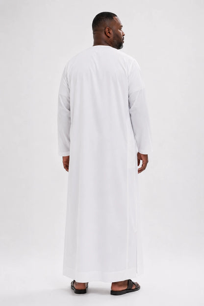 White Japanese Toray thobe, back view — full-length tailored cut