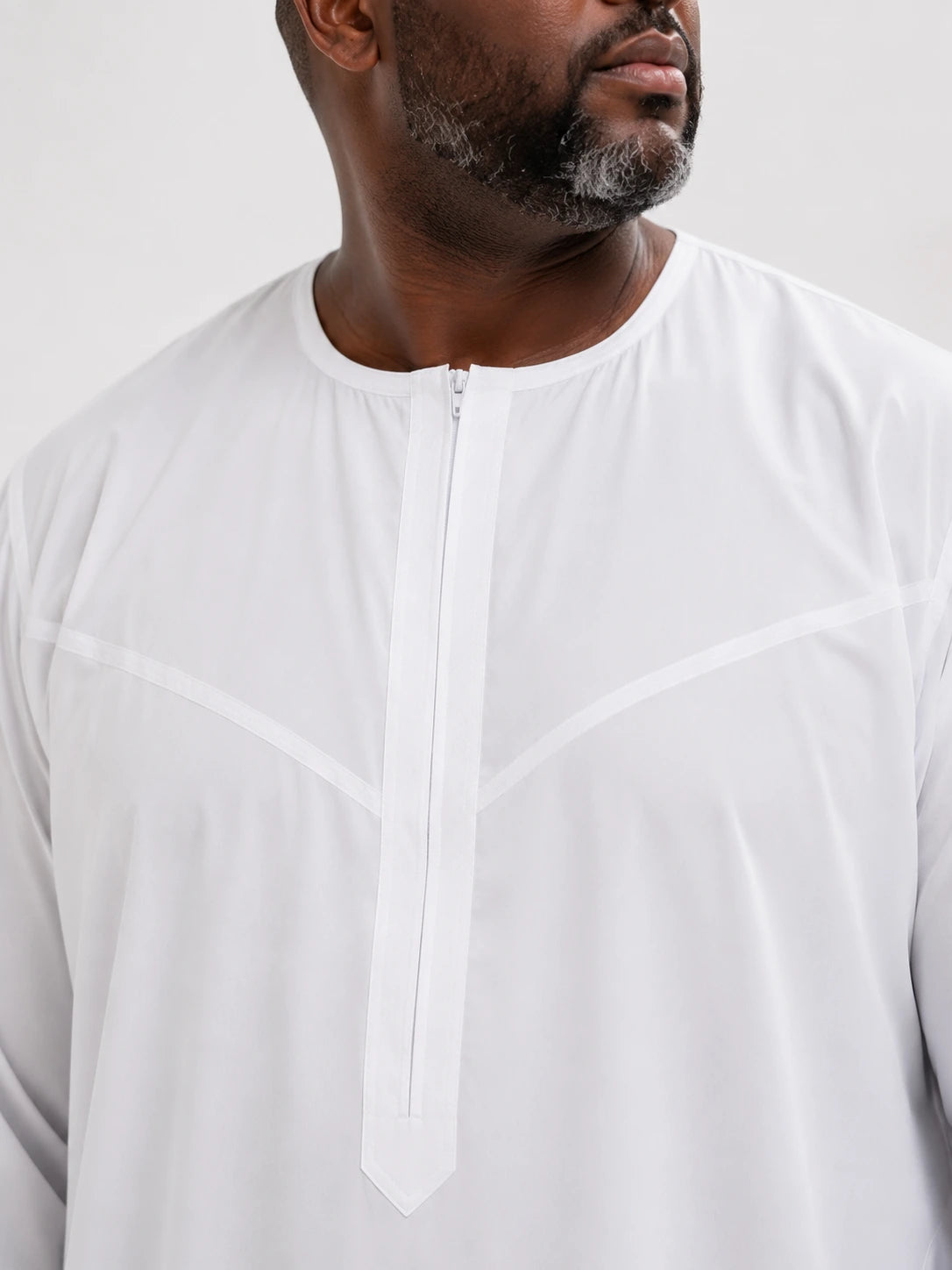 White Japanese Toray thobe — collar, placket and zip detail close-up