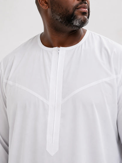 White Japanese Toray thobe — collar, placket and zip detail close-up
