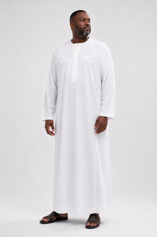 White Japanese Toray thobe, front view — tailored, lightweight summer thobe