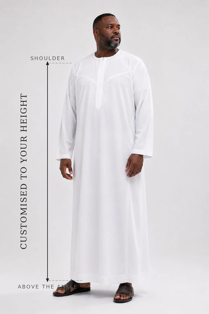 White Japanese Toray thobe tailored to your height — made to measure
